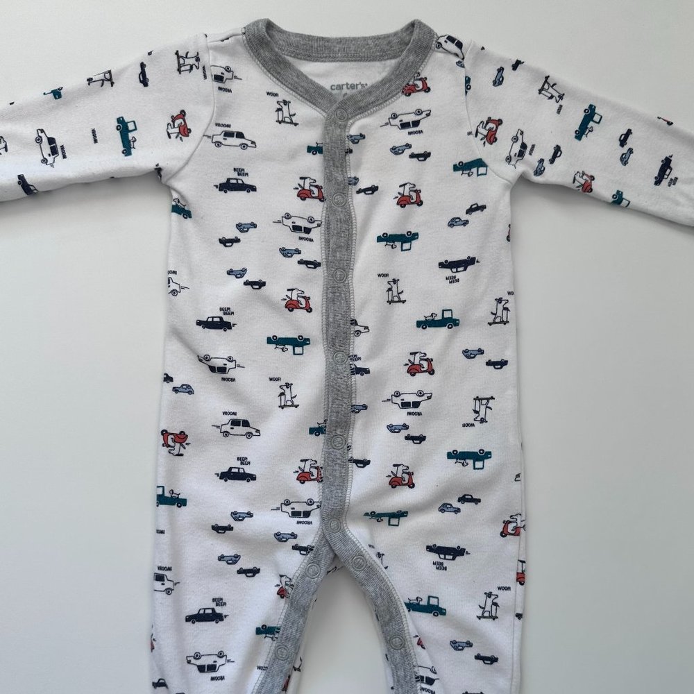 Carter's Baby Footie Pajama, White with Truck prints, Snap Closure